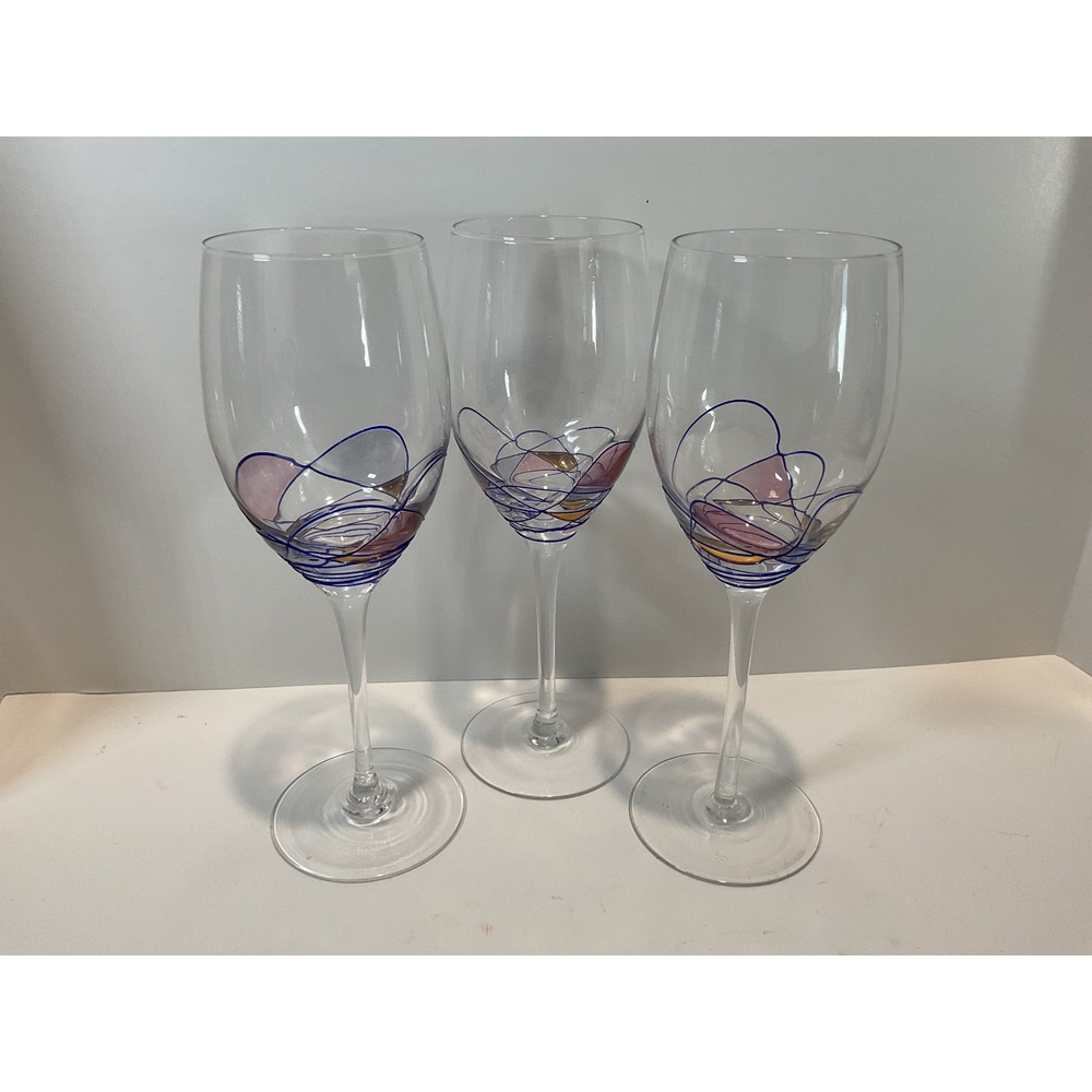 Set of 3 Art Glass Wine Glasses Swirl Design Pink Blue Accent